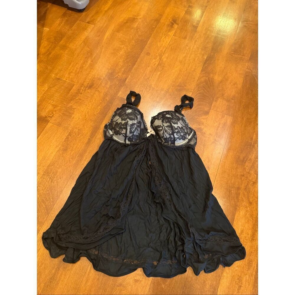 Y2K Victoria’s Secret Black Lace Babydoll Chemise Lingerie 36B Sheer Ruffle Slip